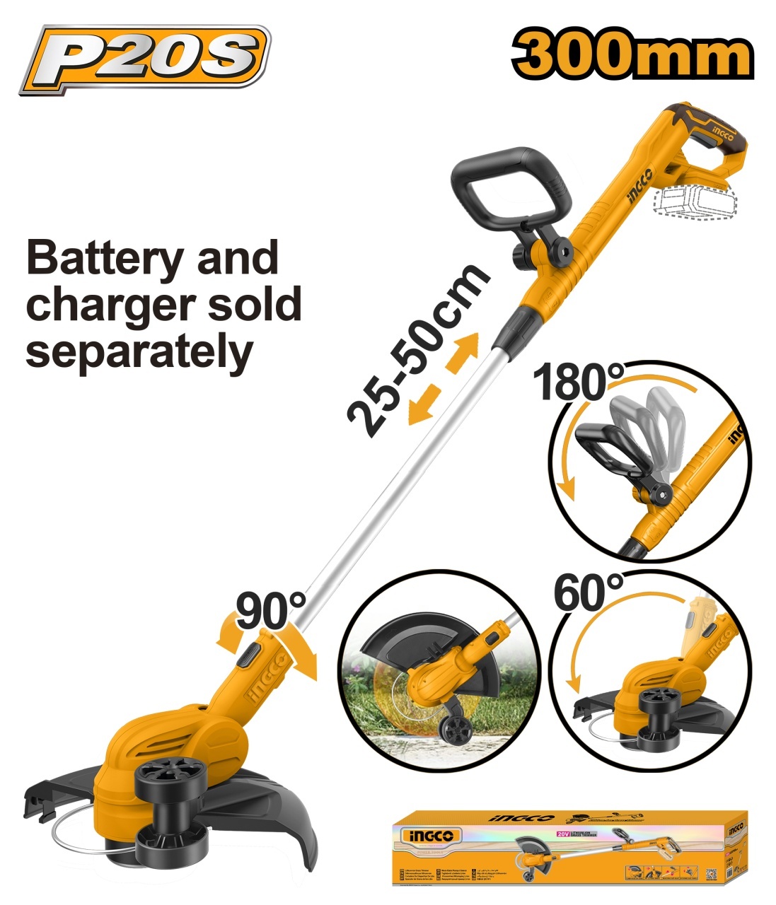 Motocoasa Electrica 20V INGCO CGTLI20328, 8200 rpm, diametru taiere 300 mm, fir 1.6 mm, functie edging, fara acumulator si incarcator
